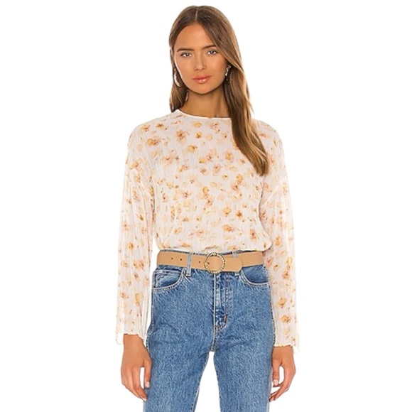 VINCE Pressed Petal Blouse Yellow Floral Pleated Crinkle Semi Sheer Top Shirt L - Picture 1 of 14